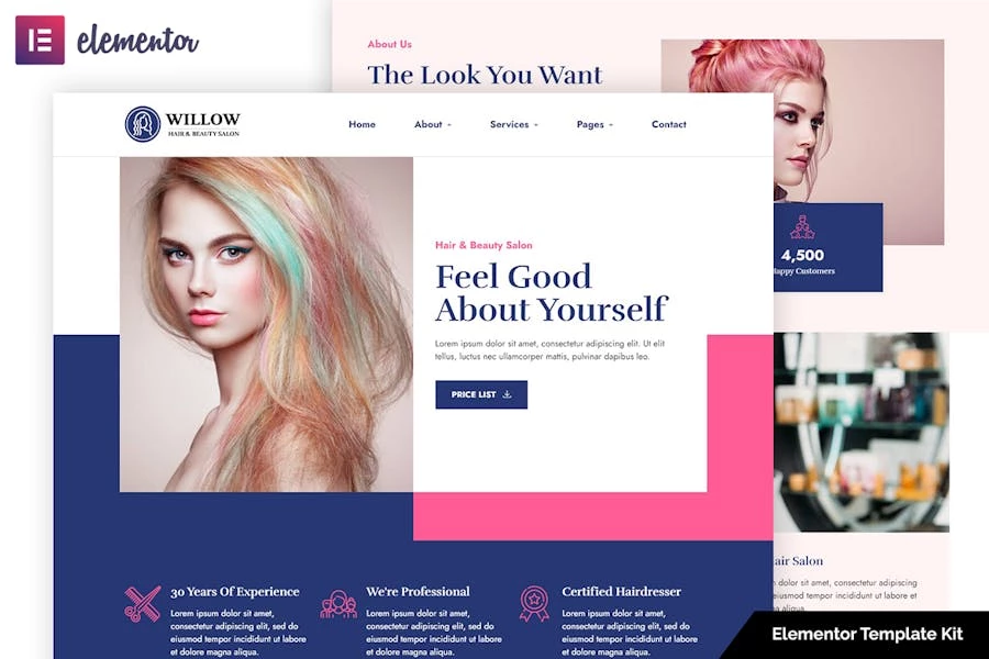 Willow – Template Kit Elementor para salón de belleza y peluquería
