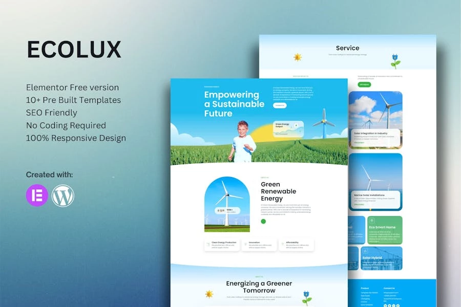 Ecolux – Kit de plantillas Elementor de energía renovable ecológica