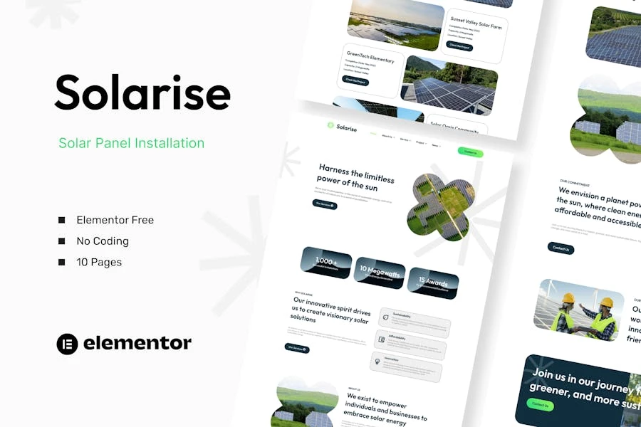 Solarise – Kit de plantillas Elementor para instalación de paneles solares