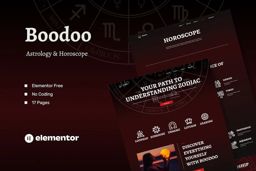 Boodoo – Template Kit Elementor de astrología y horóscopo