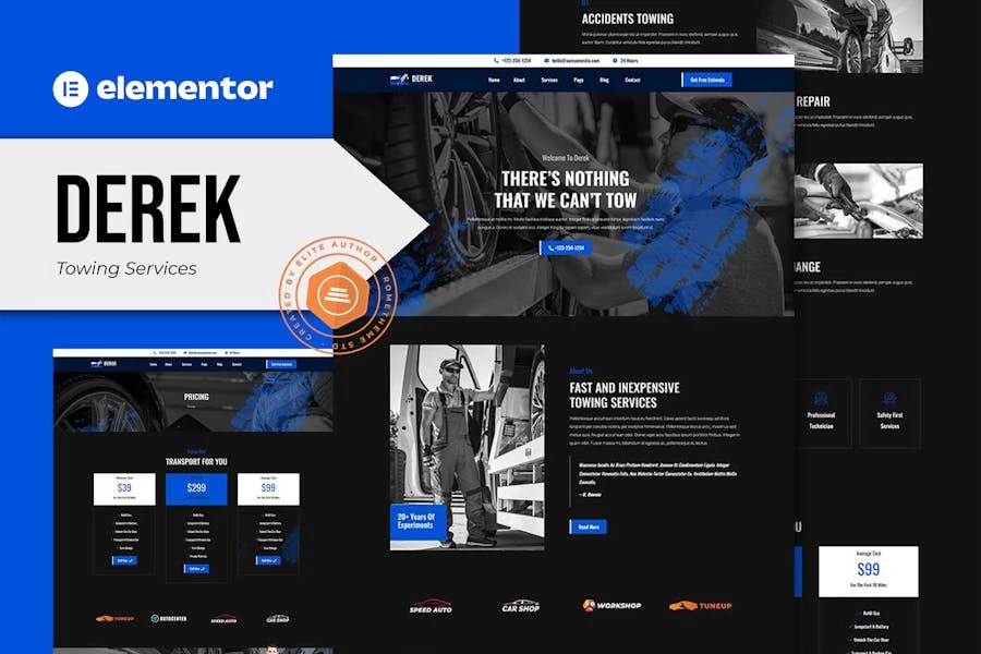 Derek – Template Kit Elementor Pro para servicios de remolque