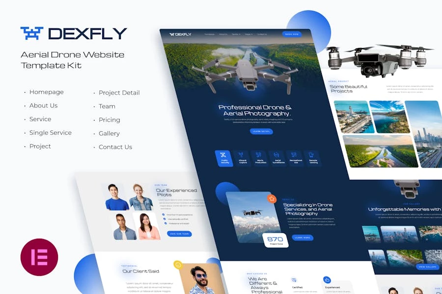 Dexfly | Kit Elementor de plantillas Elementor para fotografía aérea y de zumbidos