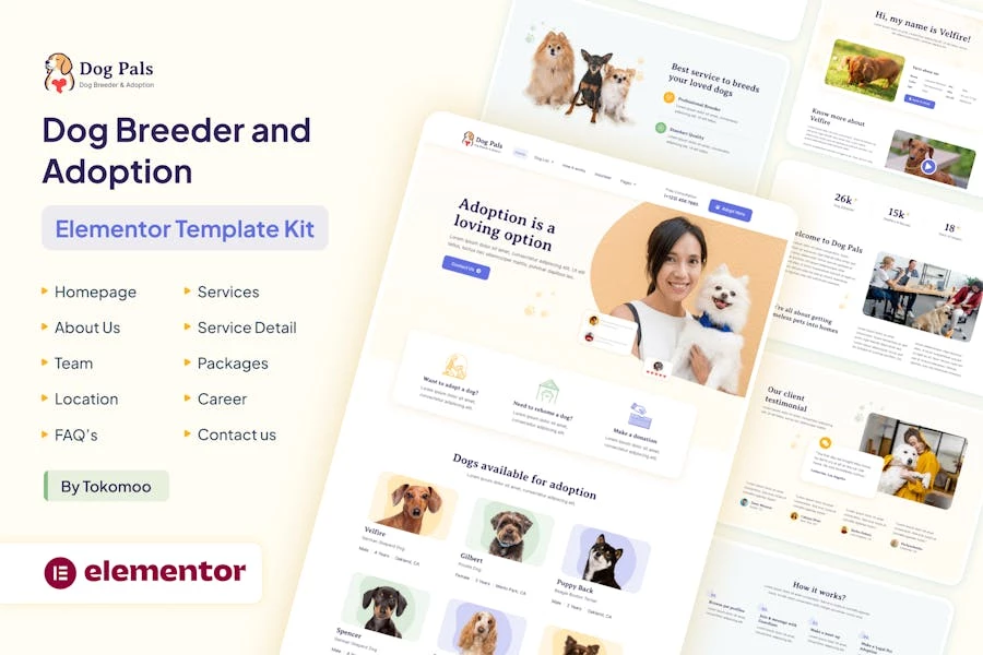 Dog Pals – Template Kit Elementor para criadores y adopciones de perros