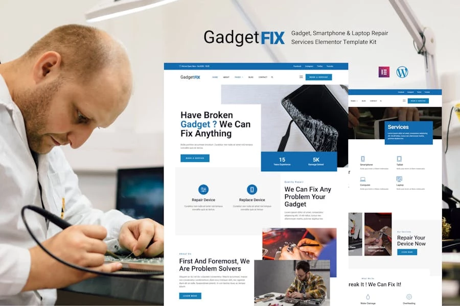 GadgetFix – Template Kit para servicios de reparación de dispositivos, teléfonos inteligentes y computadoras portátiles