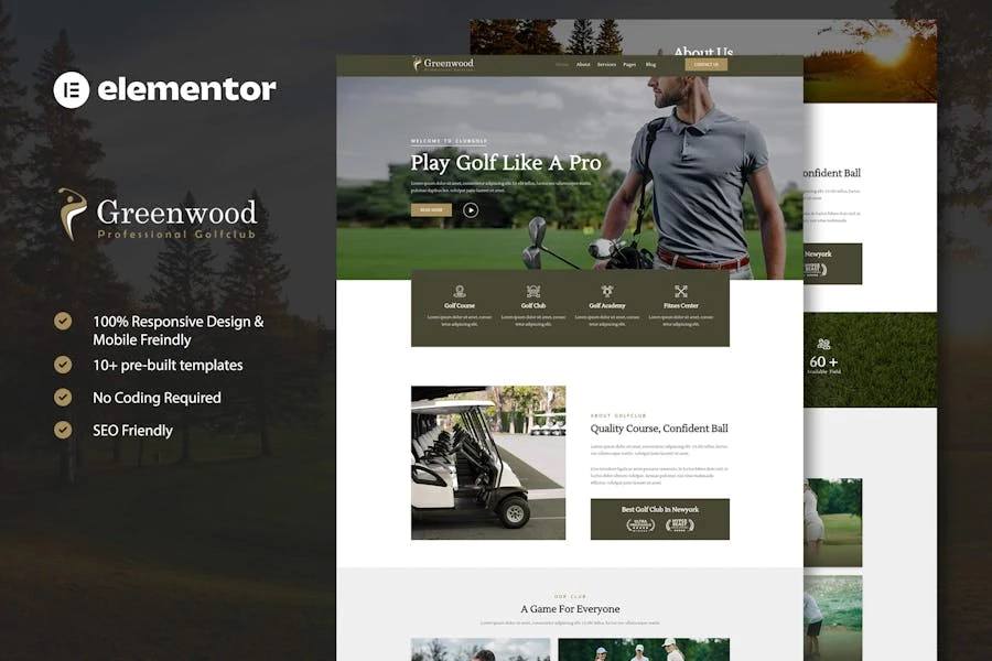 Greenwood – Kit de plantillas Elementor para clubes de golf y academias