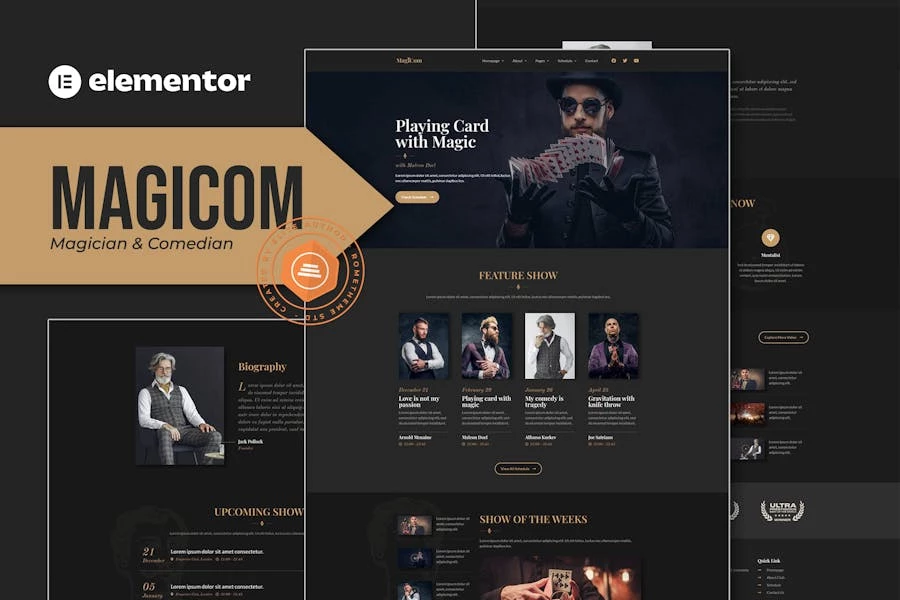 Magicom – Template Kit Elementor Pro para el club de magos y comediantes
