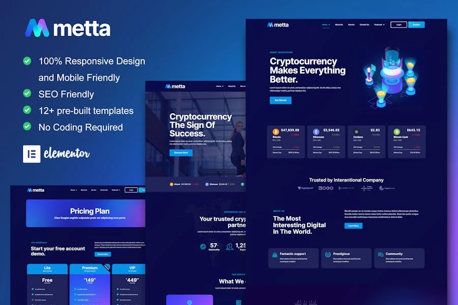 Metta – Kit de plantillas de cadena de bloques de criptomonedas y Bitcoin Elementor