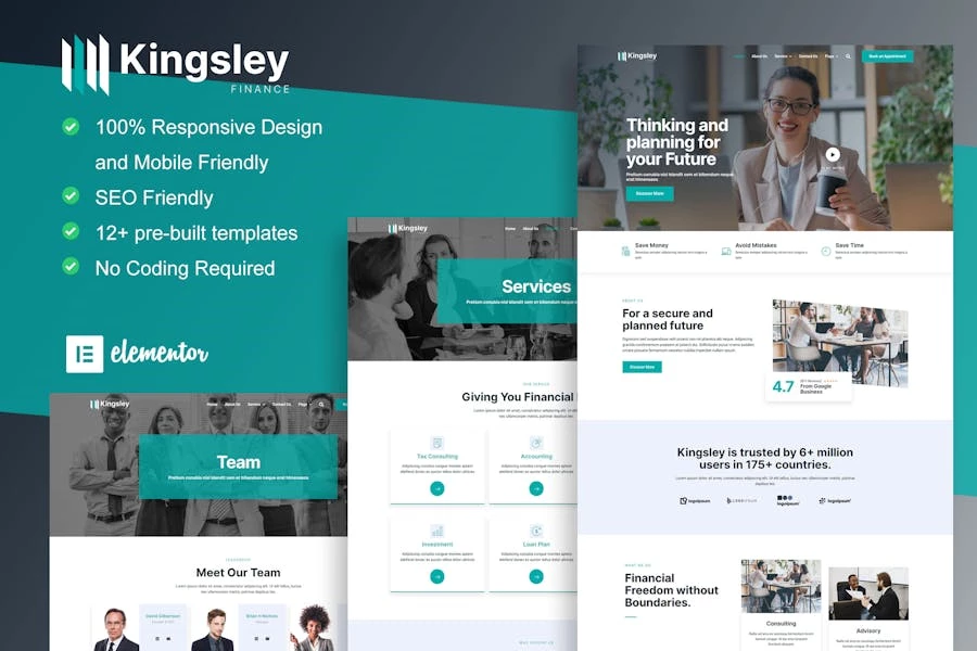Kingsley – Kit de plantillas Elementor de finanzas e inversiones