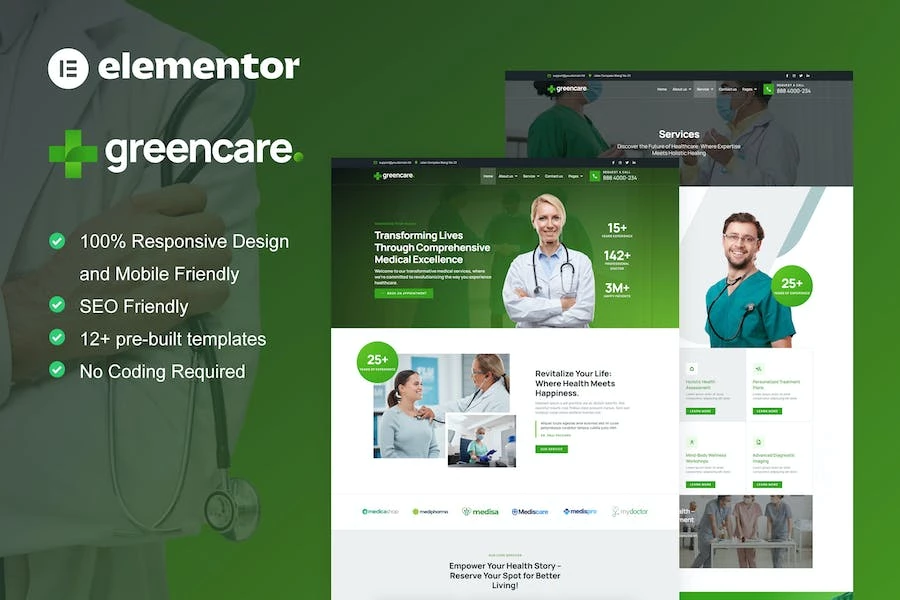 GreenCare – Kit de plantillas Elementor Pro para servicios médicos