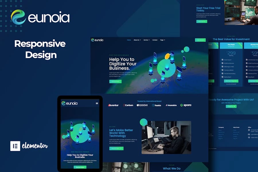Eunoia – Kit de plantillas Elementor de servicios digitales para empresas de tecnología