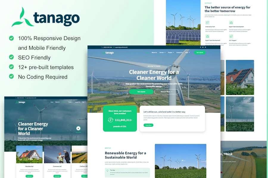 Tanago – Kit de plantillas Elementor de energía renovable verde