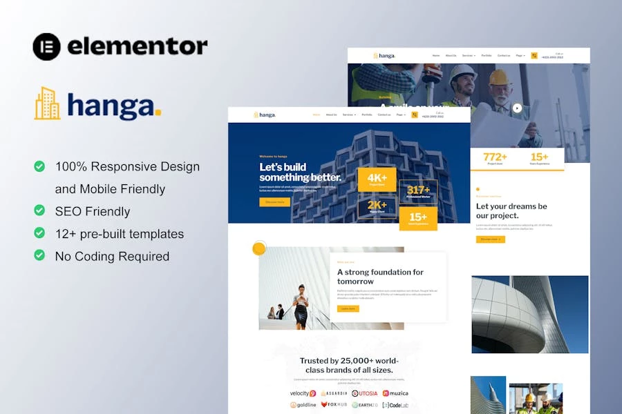 Hanga – Kit de plantillas Elementor para construcción y construcción