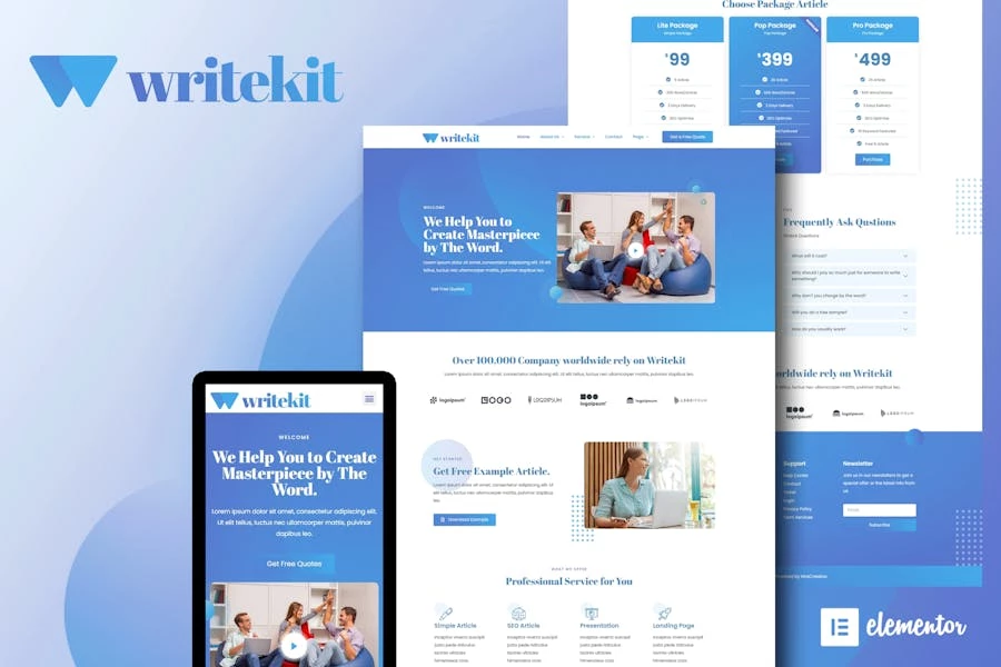 WriteKit – Kit de plantillas Elementor para agencias de servicios de redacción de contenido