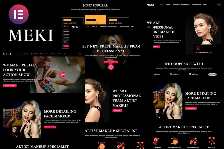 Meki – Template Kit Elementor para servicios empresariales de maquillaje de artistas
