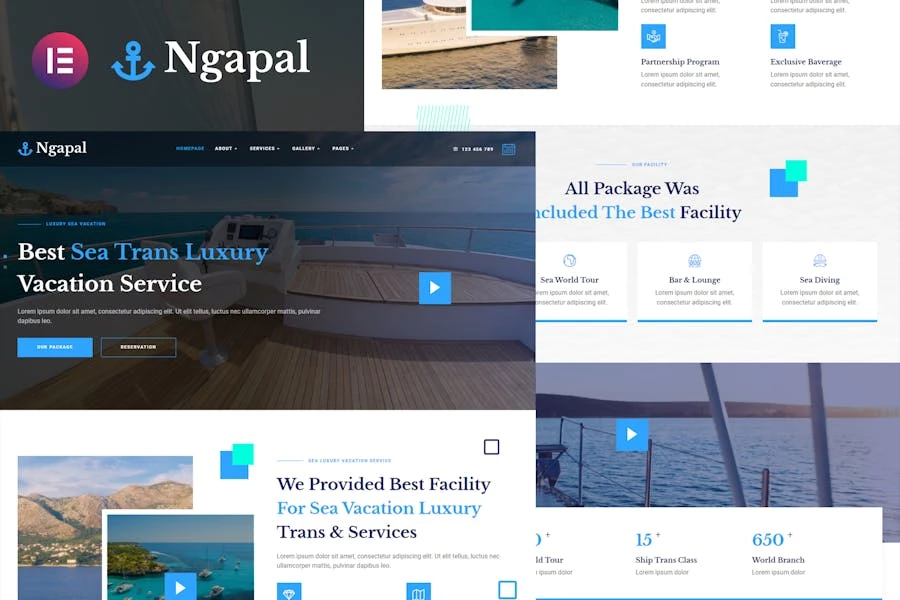 Ngapal – Template Kit Elementor de servicios vacacionales de yates de lujo en el mar