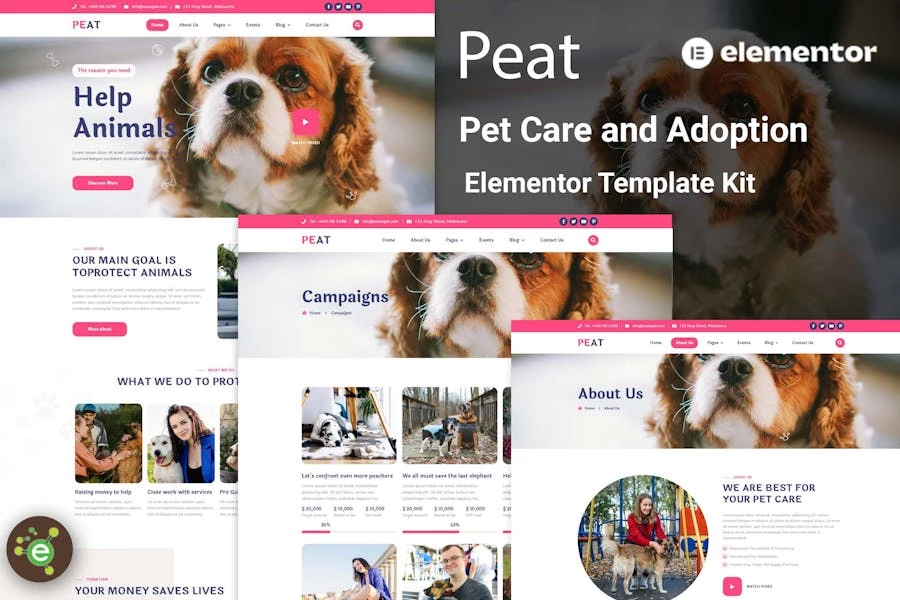 Peat – Template Kit Elementor para el cuidado y la adopción de mascotas