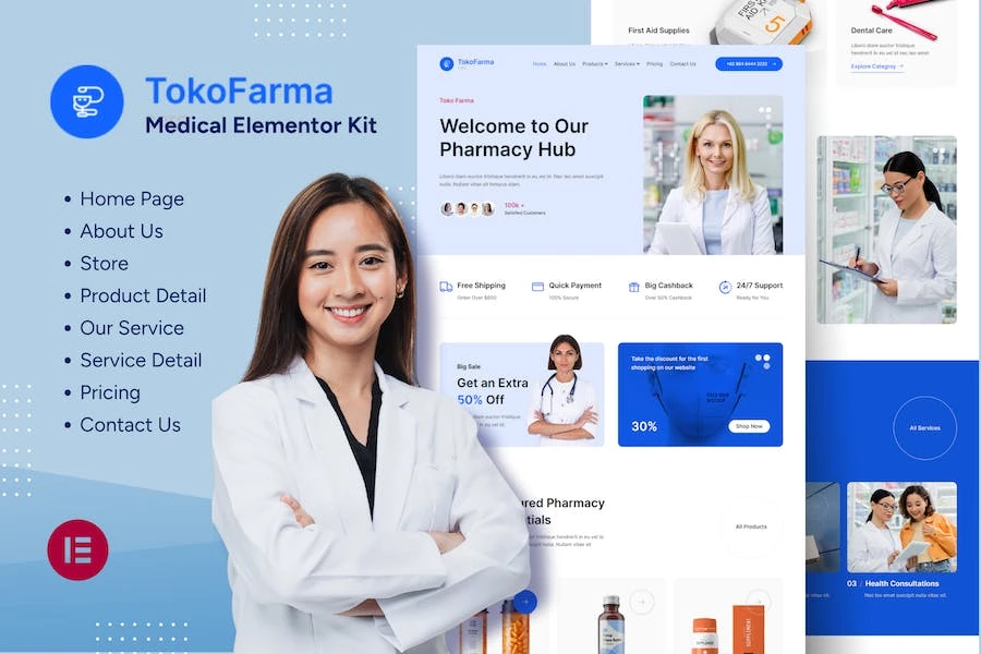 TokoFarma – Kit de plantillas Elementor para tienda de medicamentos de comercio electrónico
