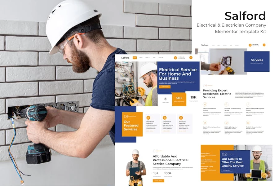 Salford – Kit de plantillas Elementor Pro para una empresa de servicios eléctricos y electricistas