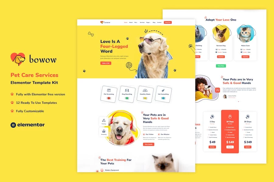 Bowow – Kit de plantillas Elementor para servicios de cuidado de mascotas