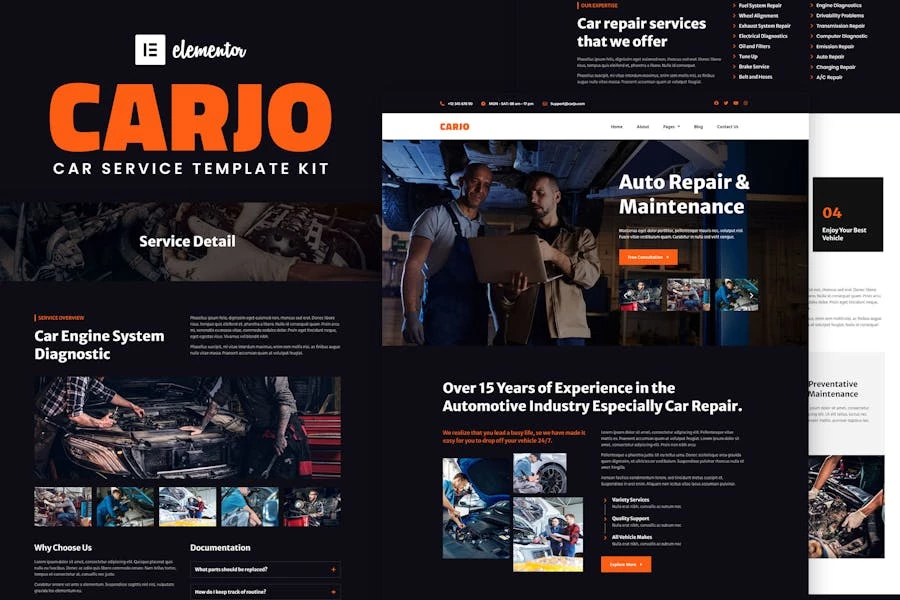 Carjo – Kit de plantillas Elementor para servicios y reparación de automóviles