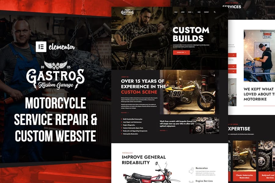 Gastros Garage – Kit de plantillas Elementor para reparación de servicio de motocicletas