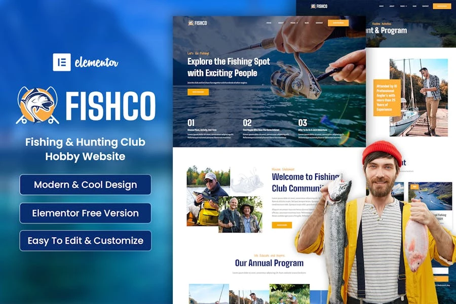 Fishco – Kit de plantillas Elementor para clubes de pesca y caza