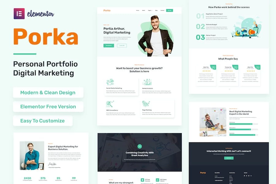 Porka – Kit de plantillas Elementor para porfolio personal de marketing digital