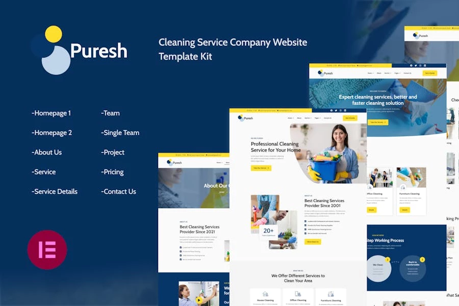 Puresh | Kit de plantillas Elementor para empresa de servicios de limpieza