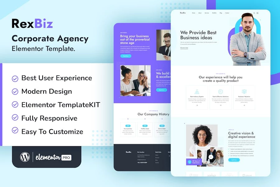 Rexbiz – Template Kit Elementor para Agencia Corporativa