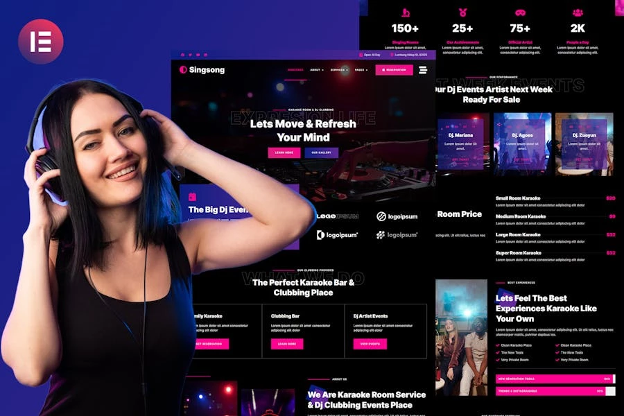 Singsong – Template Kit Elementor para salas de karaoke y discotecas de DJ