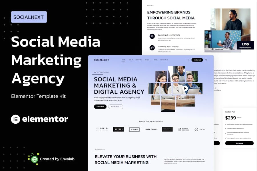 Socialnext – Template Kit Elementor Pro para Agencia de marketing en redes sociales