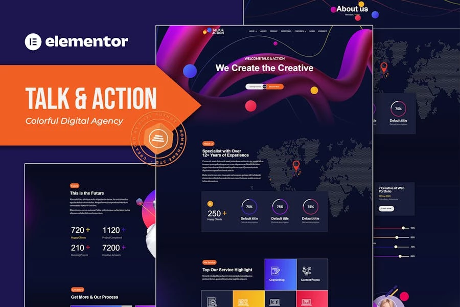 Talk & Action – Template Kit coloridas para Elementor de agencia digital