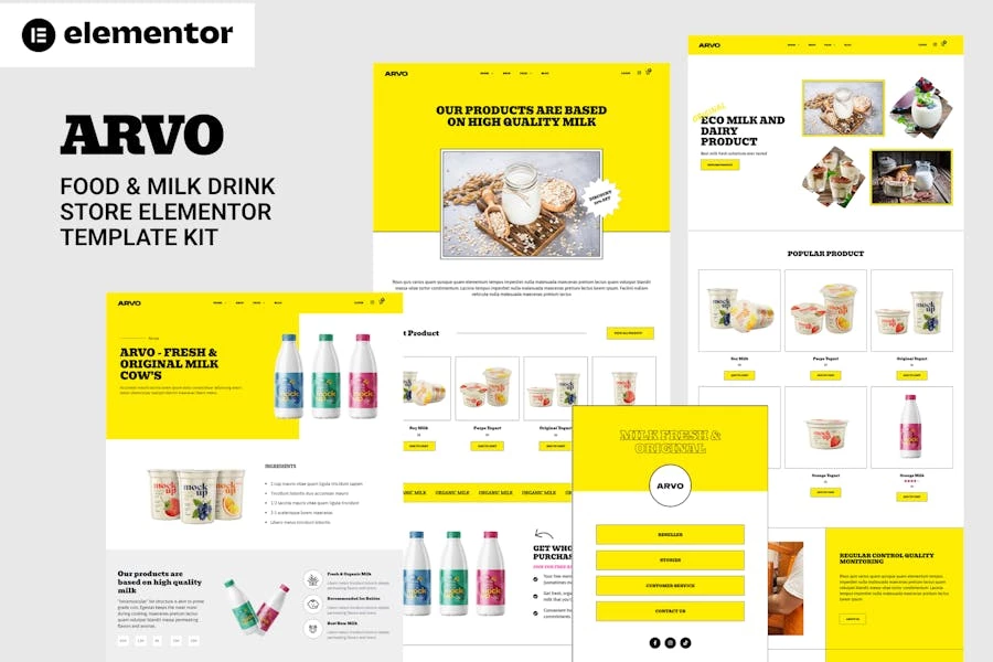 Arvo – Template Kit Elementor para tienda de alimentos y bebidas lácteas