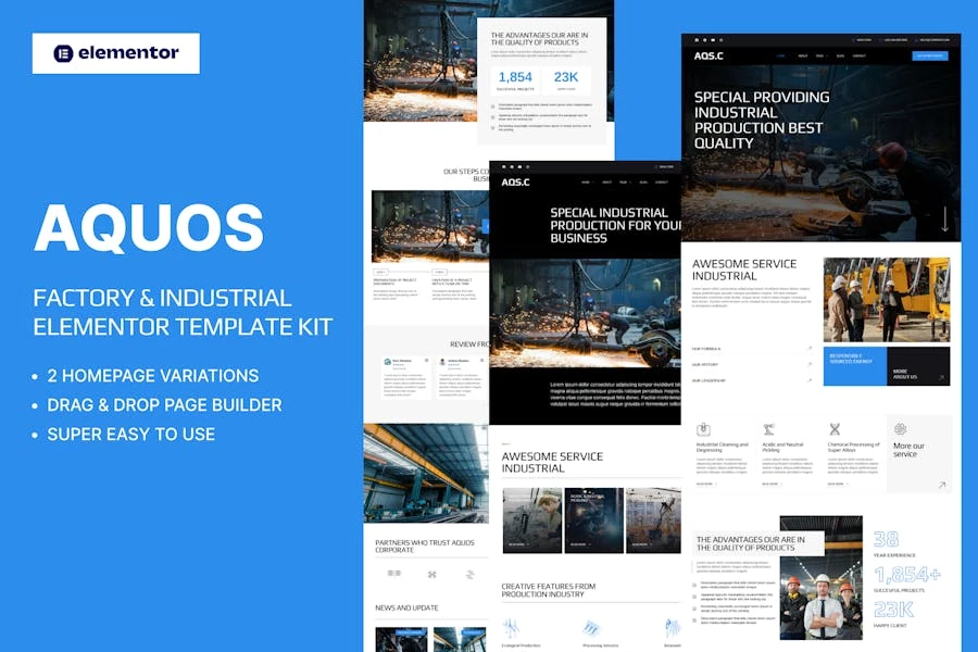 Aquos – Kit de plantillas Elementor Pro para fábricas e industrias