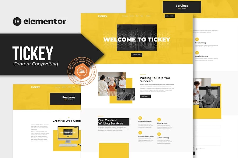 Tickey – Template Kit Elementor para servicios de redacción de contenido