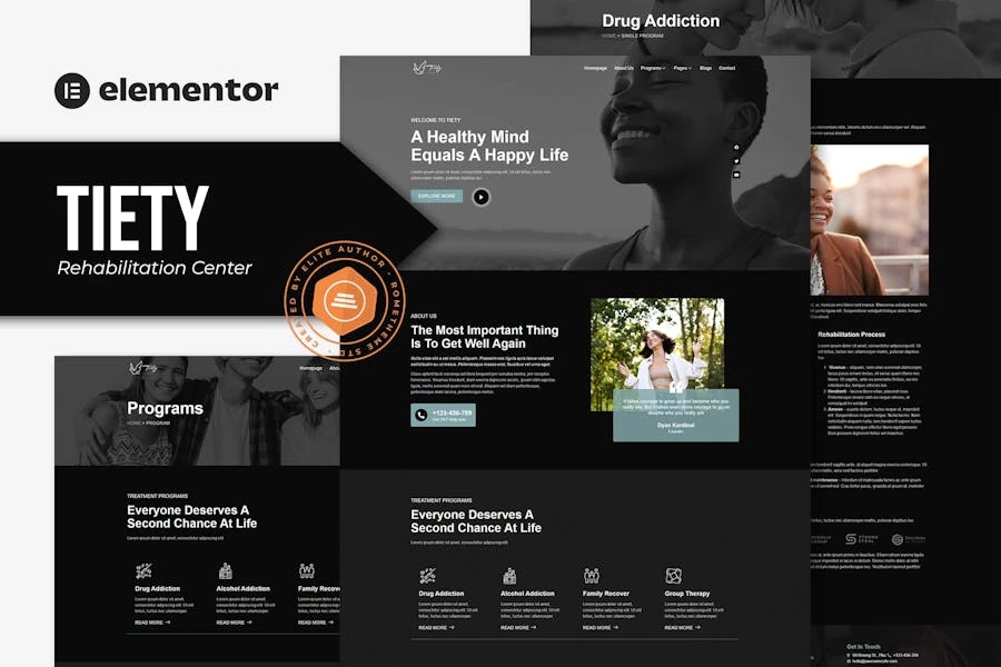 Tiety – Template Kit Elementor para centros de recuperación y rehabilitación de adicciones