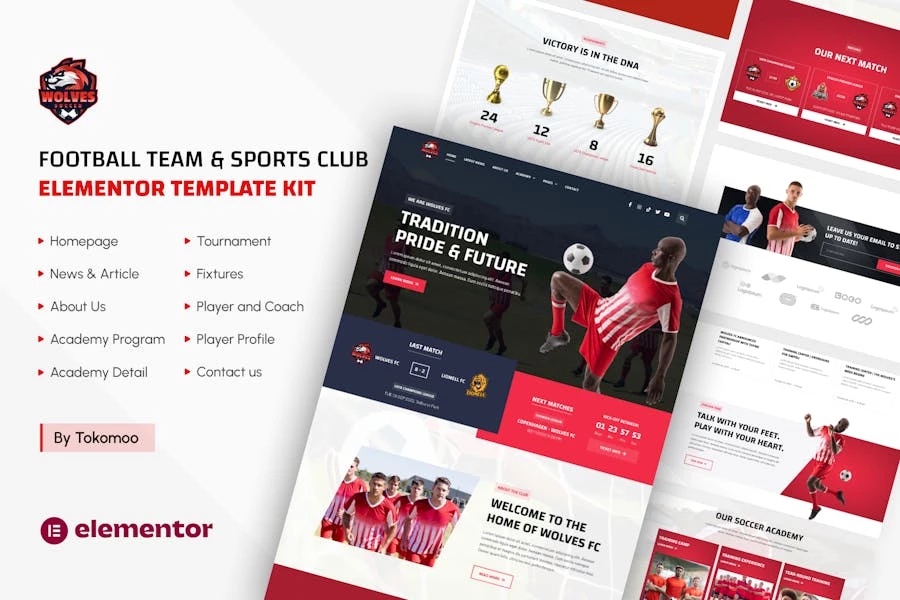 Wolves – Kit de plantillas Elementor Pro para equipos de fútbol y clubes deportivos
