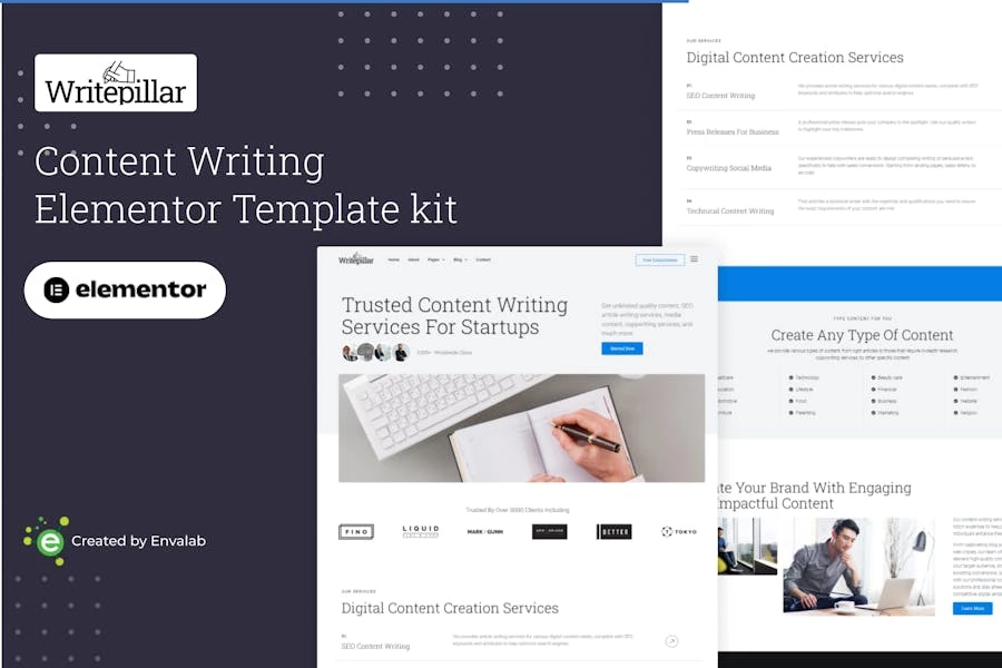 Writepillar – Kit de plantillas Elementor para servicios de redacción de contenido