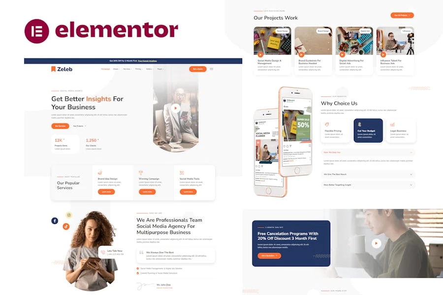 Zeleb – Template Kit Elementor para marketing en redes sociales y publicidad digital
