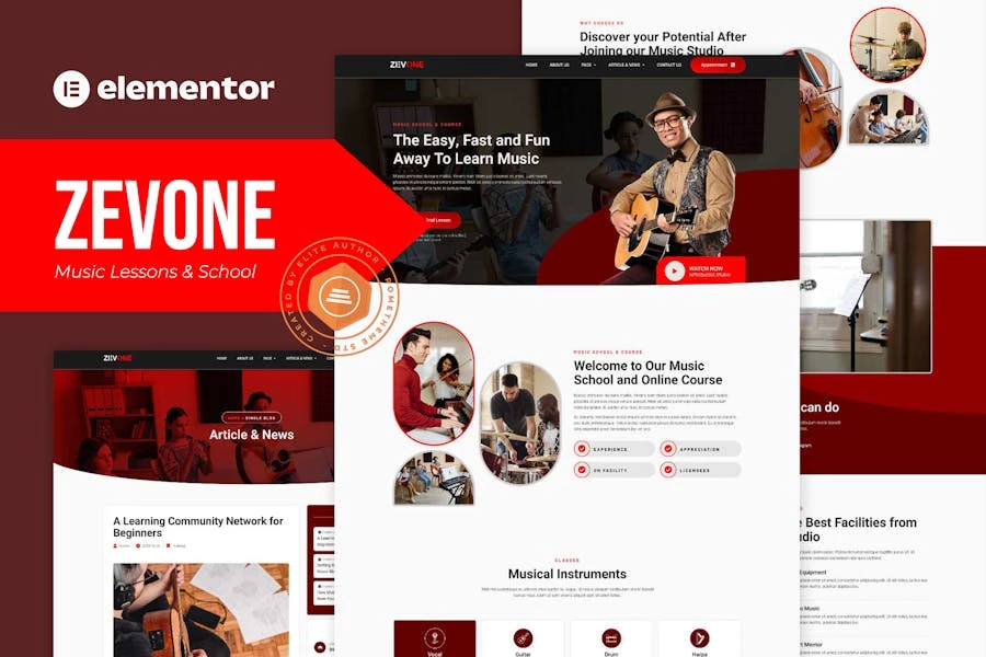 Zevone – Kit de plantillas para clases de música y escuela Elementor