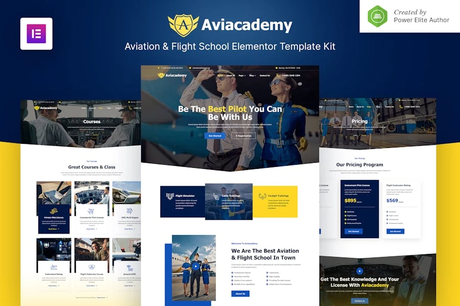 Aviacademy – Template Kit Elementor para Escuela de Aviación y Vuelo