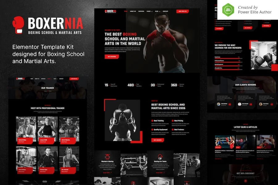 Boxernia — Kit de plantillas Elementor para escuela de boxeo y artes marciales