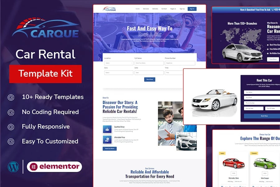 CarQue – Template Kit Elementor para alquiler de automóviles y servicios de automóviles