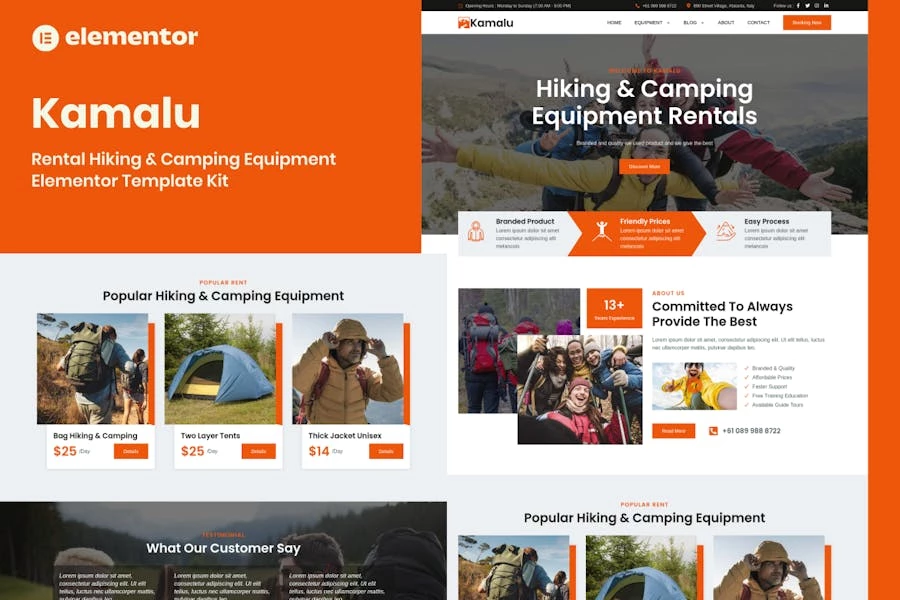 Kamalu – Kit de plantillas Elementor Pro para alquiler de equipos de senderismo y acampada