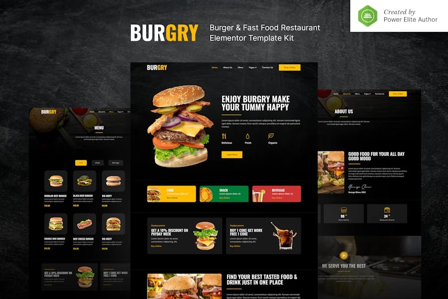 Burgry – Template Kit Elementor para restaurante de hamburguesas y comida rápida