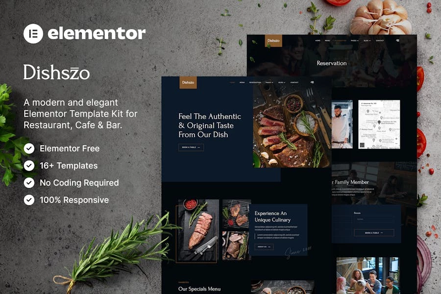 Dishszo — Template Kit Elementor para restaurantes y cafés