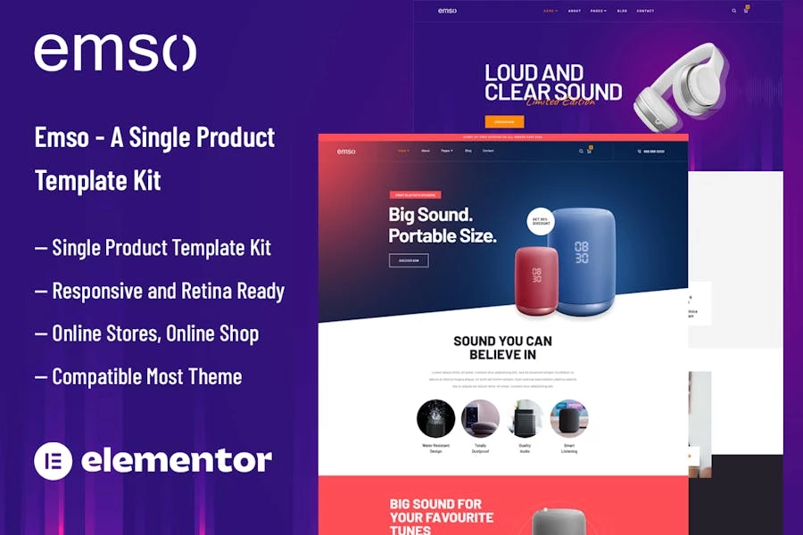 Emso: un Template Kit de Elementor para un solo producto