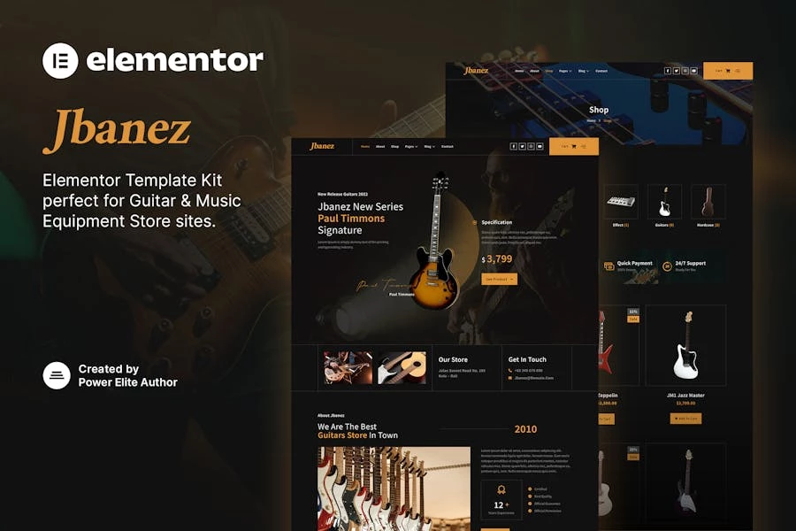 Jbanez – Template Kit Elementor para tienda de equipos de guitarra y música