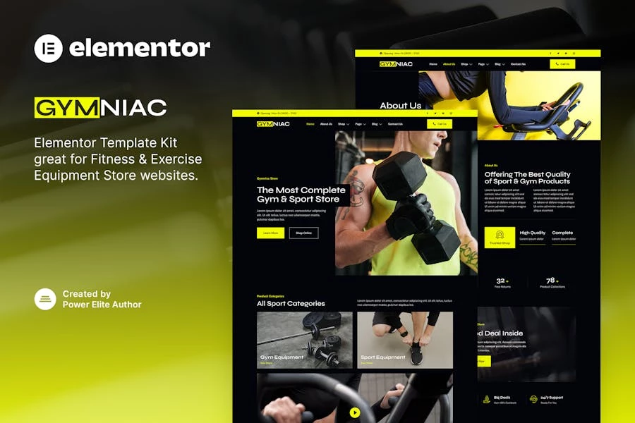 Gymniac – Template Kit Elementor para tienda de equipos de fitness y ejercicio