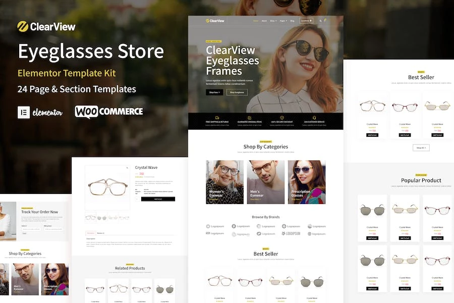 ClearView – Template Kit WooCommerce Elementor para tienda de anteojos y gafas